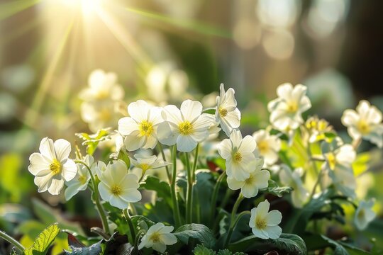 Bunch of delicate white primroses scattered in green grass under sunlight in a spring forest