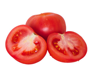 Red tomato isolate. Sliced and whole ripe tomato. Vegetable.