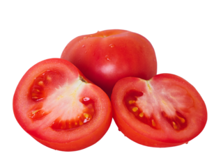 Red tomato isolate. Sliced and whole ripe tomato. Vegetable.