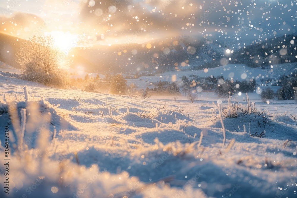 Poster a snow covered field with trees in the background during a light snowfall