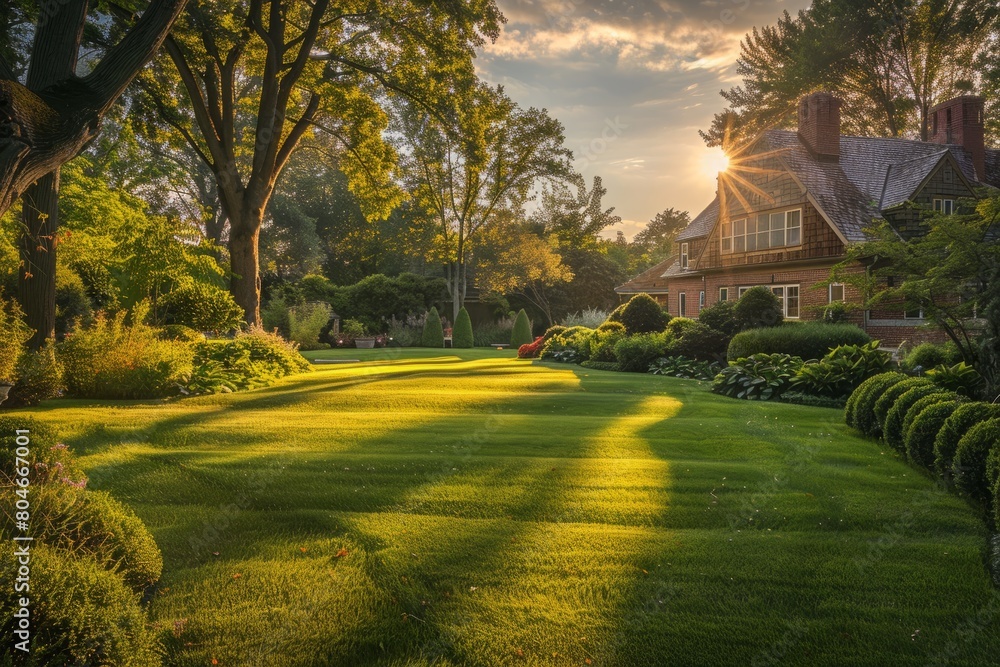 Aufkleber sunlight filters through the dense foliage of trees in a backyard, casting dappled shadows on the vi