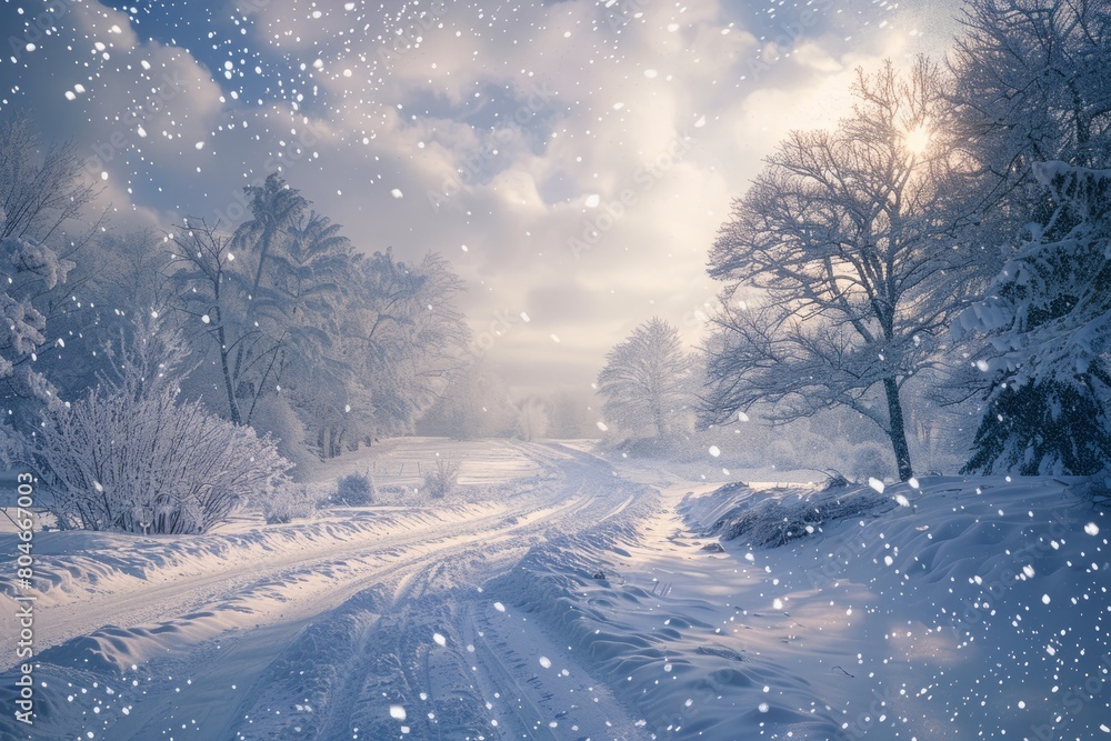 Poster a wintry scene showing a road covered in snow, flanked by trees with clouds in the background