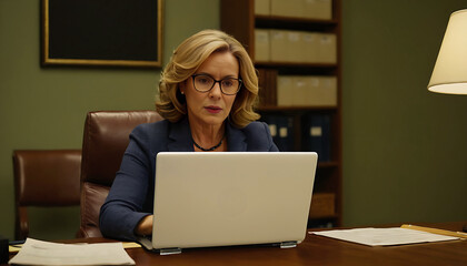 mature woman therapist diligently at work. Seated at her desk, she is engrossed in her laptop, reviewing patient records, and managing administrative tasks with care and expertise.