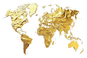 Gold world map showcasing wealth isolated on transparent background.