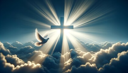 Realistic illustration for whit monday with christian cross illuminated by beams of light and dove in flight.