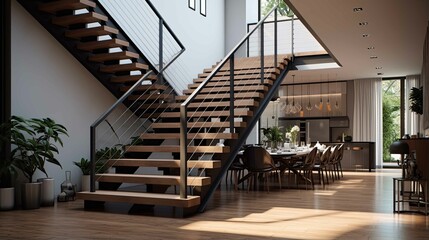 A staircase with a wooden railing