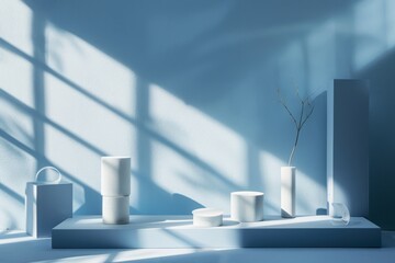 Collection of white vases arranged on a table, casting shadows against a light blue backdrop - Powered by Adobe