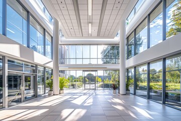A wide-angle view of a large, light-filled modern office hall with numerous panoramic windows showcasing beautiful lighting