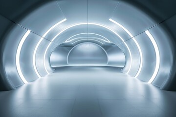 Wide-angle view of futuristic tunnel with built-in lighting, leading towards a bright light at the end