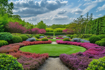 Modern landscape design in a spring garden with colorful, layered shrubbery and a central grassy circle, ultra-HD image