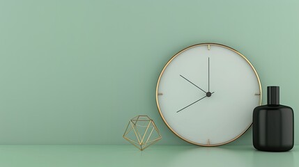 geometric shapes against a soothing pastel green wall backdrop, accentuated by an artistic clock on the table and a dried flower in a black vase.