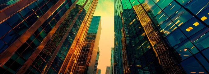 Modern glass skyscrapers in downtown San Francisco, close up, golden hour, green and blue tones, architectural photography Generative AI
