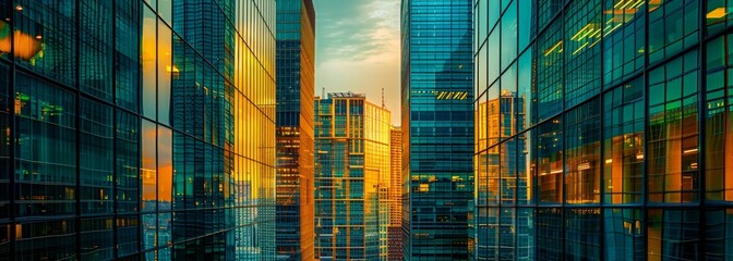A photograph of modern glass skyscraper buildings in downtown in the style of golden hour, green...
