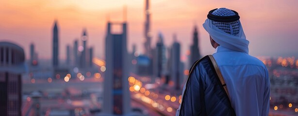 Arab man with kandura enjoying sunrise in Dubai proud of his country. AI generated illustration