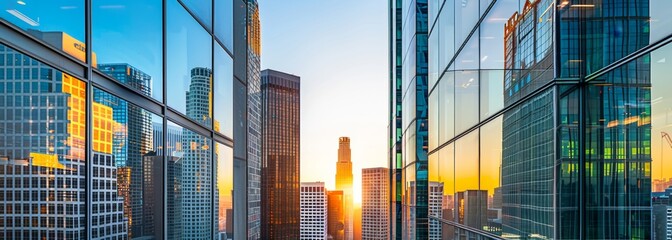 Modern glass skyscrapers in downtown Los Angeles, with a green and white color scheme, minimalist...