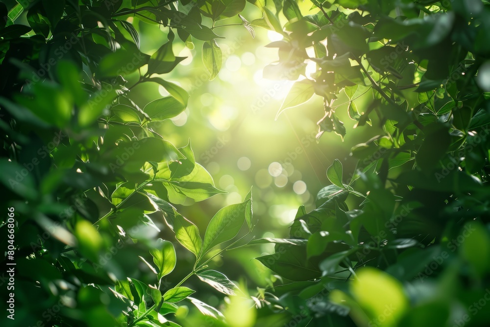 Poster sunlight shines through the lush green leaves of a tree, creating a beautiful play of light and shad