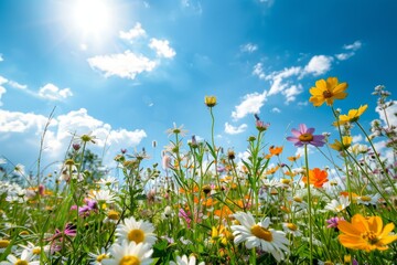A wide-angle view of a field filled with colorful wildflowers under a blue sky on a sunny day