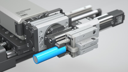 Robotic arm with parallel gripper holds the lithium battery. Automated production and assembly system.  3d render