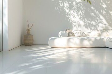 Fototapeta na wymiar A white couch is placed under a tree in a bright and airy living room with minimal decor