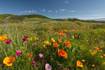 A vast field brimming with vibrant flowers under a clear blue sky on a sunny day