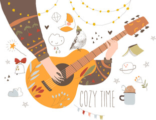 Cartoon Hands playing Guitar. Autumn Mood. Vector Illustration