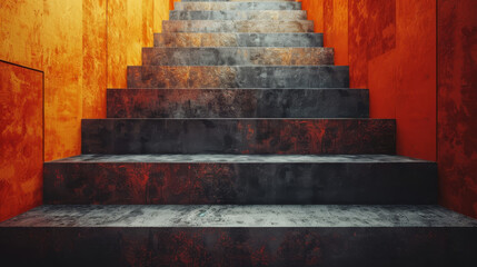 A staircase with a red wall in the background