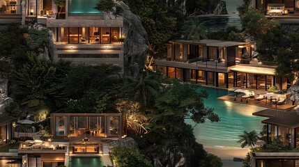   A bird's eye view of a house perched on a cliff with a swimming pool in the foreground and a...