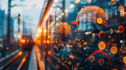 Double exposure of team railway engineer is on duty in work site with abstract bokeh backgrounds, use for banner cover9