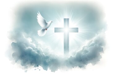Illustration for whit monday with a white dove in flight at sky anda a glowing cross
