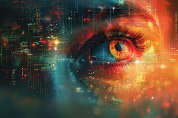 Artistic Close-up of a woman's eye superimposed with digital graphics representing futuristic vision