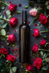 A bottle of red wine surrounded by roses.
