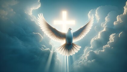 Realistic illustration of a white dove in flight and a glowing cross in the sky for whit monday.
