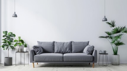 Empty living room with gray sofa and table on empty white wall background. 3d rendering.