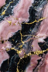 A high-resolution images of marble texture with black and intertwined veins of gold and silver glitter. 