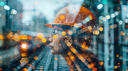 Double exposure of team railway engineer is on duty in work site with abstract bokeh backgrounds, use for banner cover9