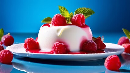 Creamy panna cotta with raspberry jam, fresh raspberries and a sprig of mint on a blue background...