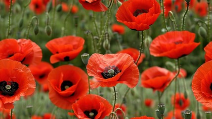 Obraz premium A garden brimming with red blossoms, featuring a bee perched atop the center of the flower and amidst its delicate petals