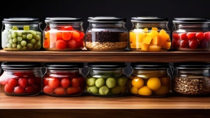 Transparent glass or plastic containers with food preparations for proper nutrition and saving money. Health, nutrition, preparations. Black background.