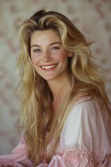 Fototapeta premium A photograph of an attractive woman with long blonde hair, wearing pink and white