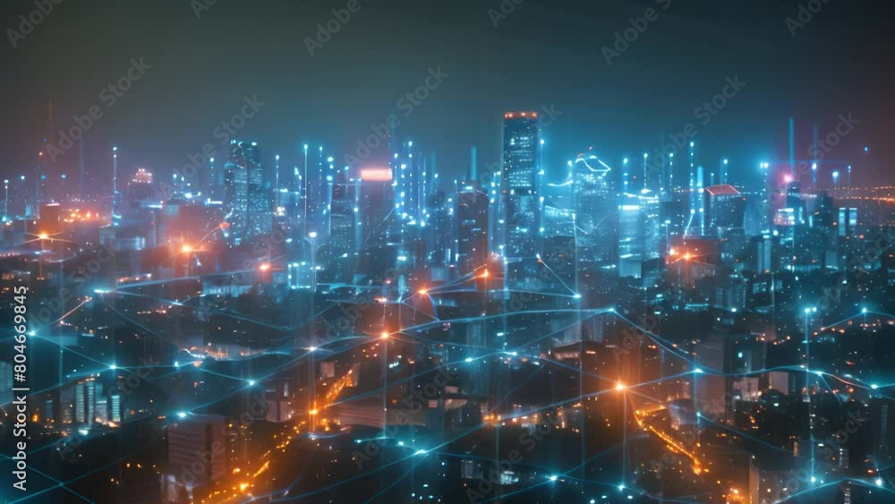 Poster a sprawling cityscape illuminated with neon lights and digital network connections.