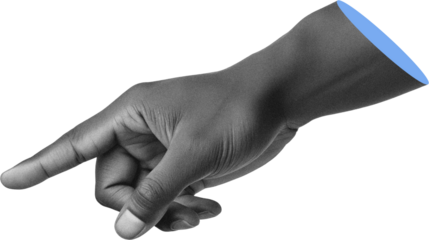  Black and white grained African man's hand pointing finger to side, modern collage element on transparent background, blue cut