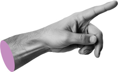 Black and white grained Caucasian man's hand pointing finger to side, modern collage element on transparent background, lilac cut