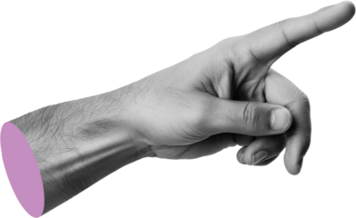 Black and white grained Caucasian man's hand pointing finger to side, modern collage element on transparent background, lilac cut