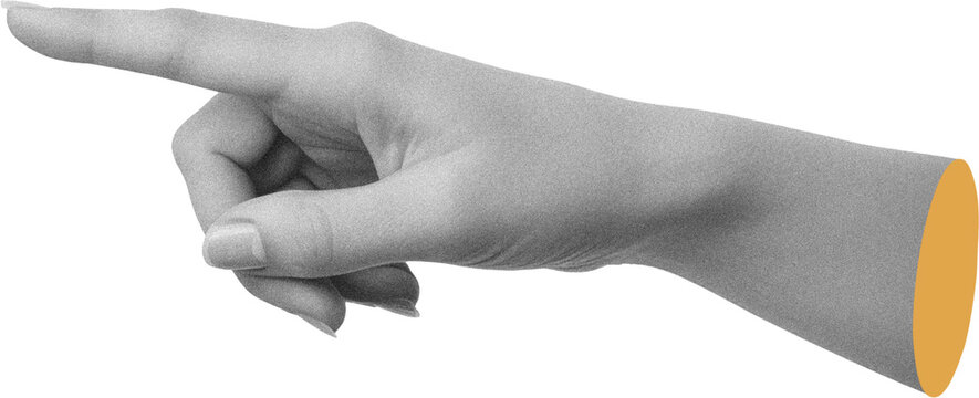Black and white grained Caucasian woman's hand pointing finger to side, modern collage element on transparent background, yellow cut