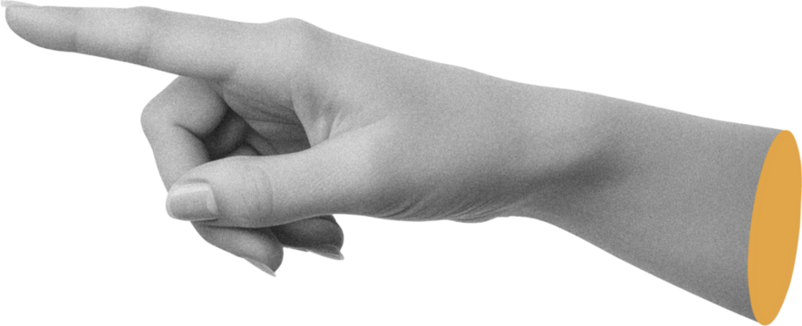 Black and white grained Caucasian woman's hand pointing finger to side, modern collage element on transparent background, yellow cut