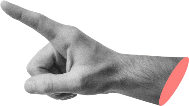 Black and white grained Caucasian man's hand pointing finger to side, modern collage element on transparent background, peach cut