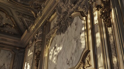 Baroque, barocco ornate gold and marble ceiling non linear reformation design. elaborate ceiling with intricate accents depicting classic elegance and architectural beauty - obrazy, fototapety, plakaty