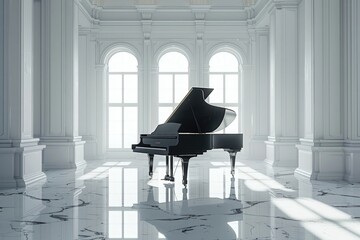 A black grand piano in a large white room