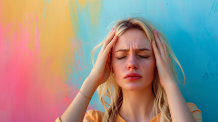 Blonde Girl with Headache Against Colorful Background - Pain, Stress, Health, Wellness Concept