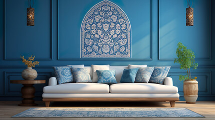 A white sofa near a blue motifs patterned wall, whether boho or eclectic, brings a touch of bohemian luxury to the modern living room interior design